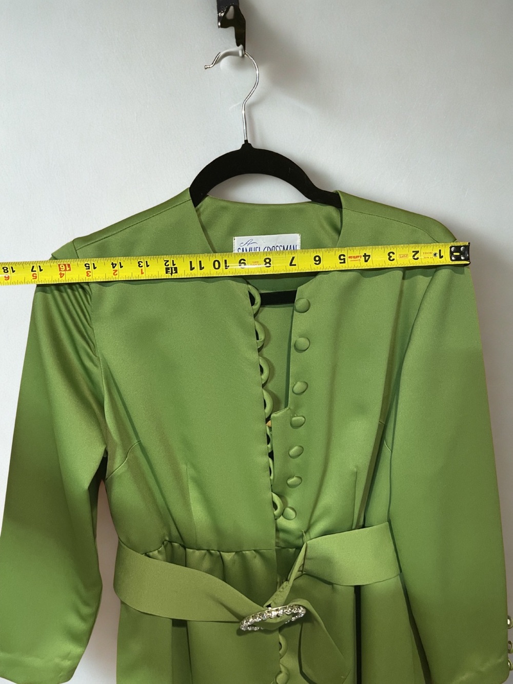 Vintage Olive Green Maxi Dress Covered Buttons Belted Prairie 70s - Picture 9 of 11